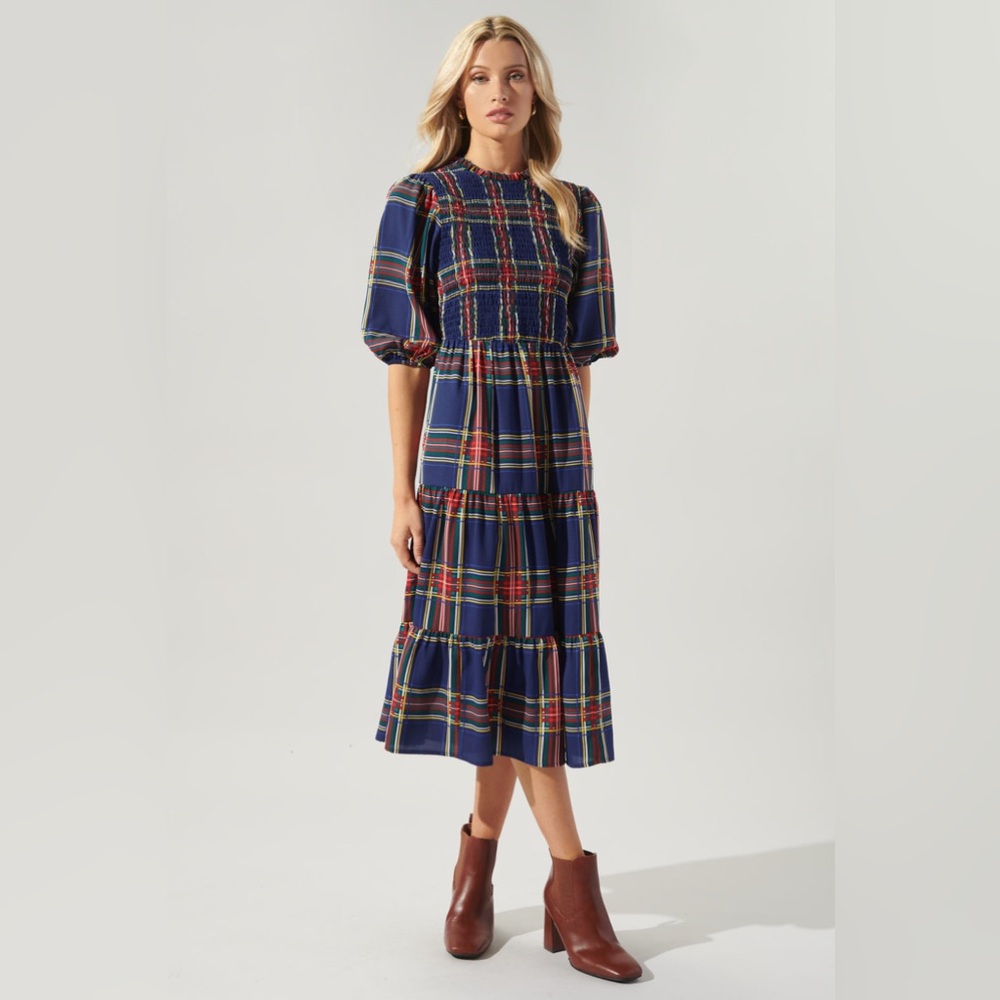 Sugarlips Navy Plaid Midi Dress